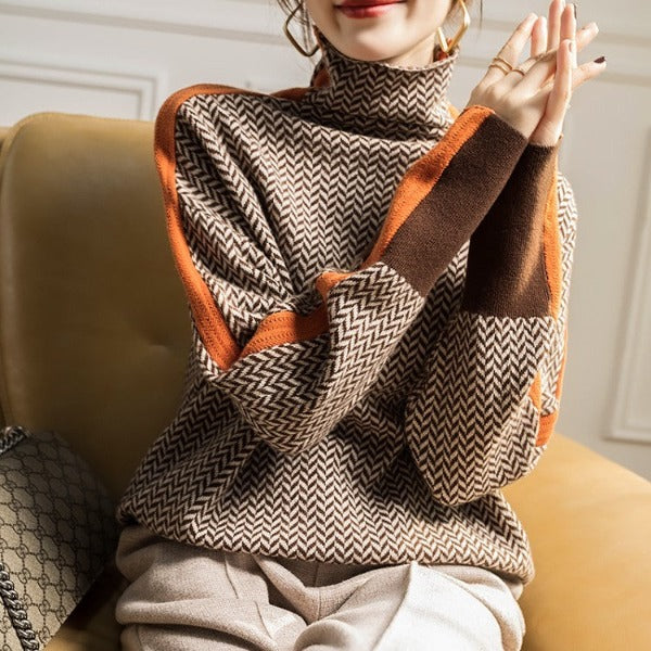 Eliza | Sweter z golfem w efektowne kontrastowe paski