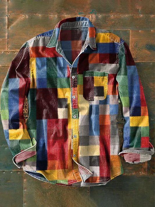 Koszula unisex, gładka, w tęczową kratkę, z klapami i kieszeniami, z długim rękawem i nadrukiem w stylu vintage